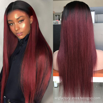 1B/99j Lace Front Wig Brazilian Straight Hair,30 Inch Wigs,Burgundy Lace Front Wig PrePlucked With Baby Hair Bleached Knots